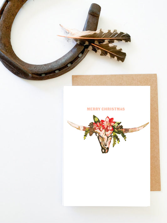 Western Cowgirl Christmas Card, Merry Christmas Cow Skull Card
