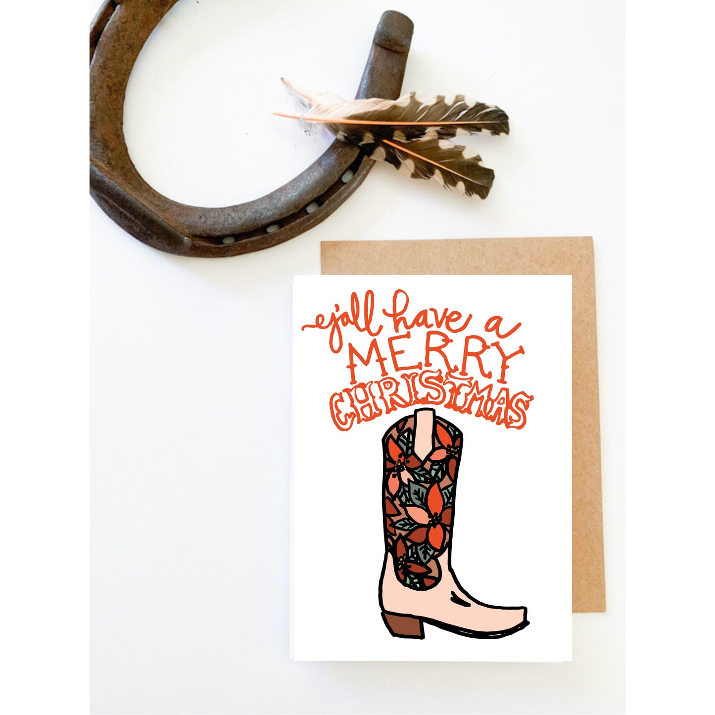 Western Cowgirl Christmas Card, Poinsettia Holiday Card